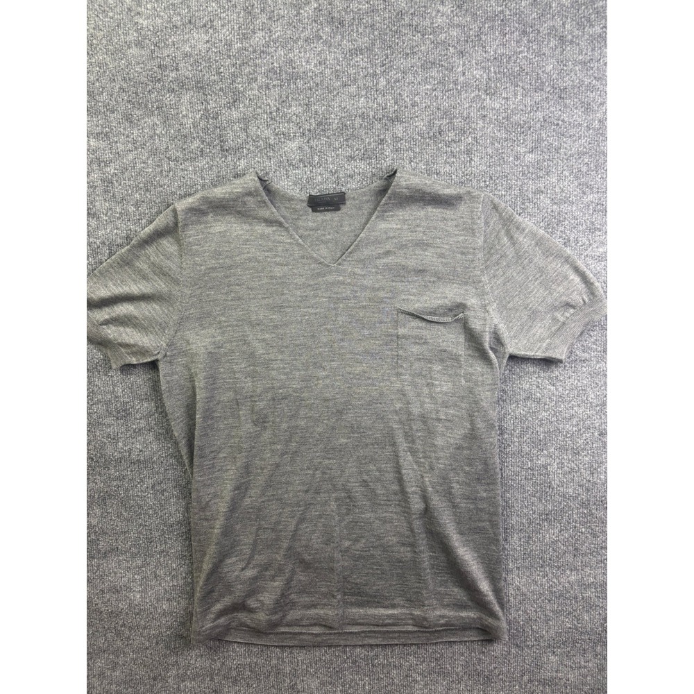 Prada V-Neck Knit Top Women Size 52 Grey Short Sleeve Chest Pocket Italy 62930